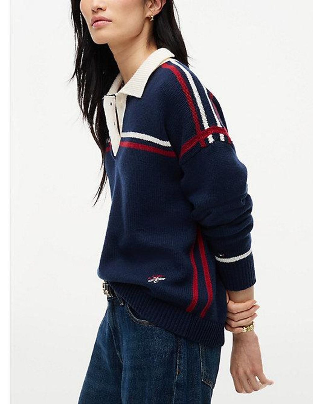Tommy Hilfiger Blue Pure Wool Boxy Fit Polo Jumper