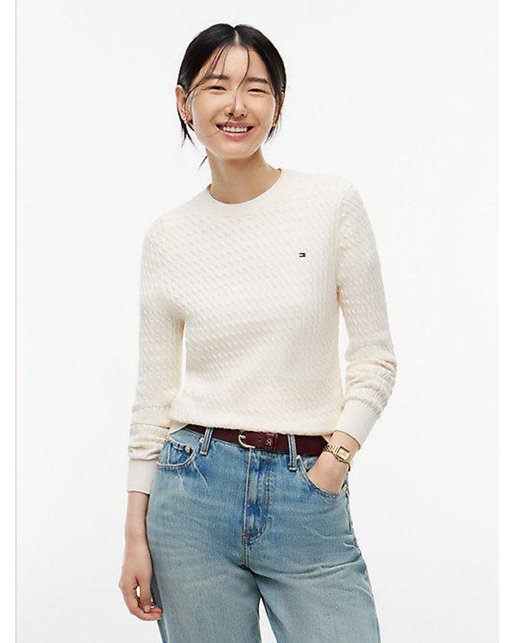 Tommy Hilfiger White Fine Cable Knit Slim Jumper