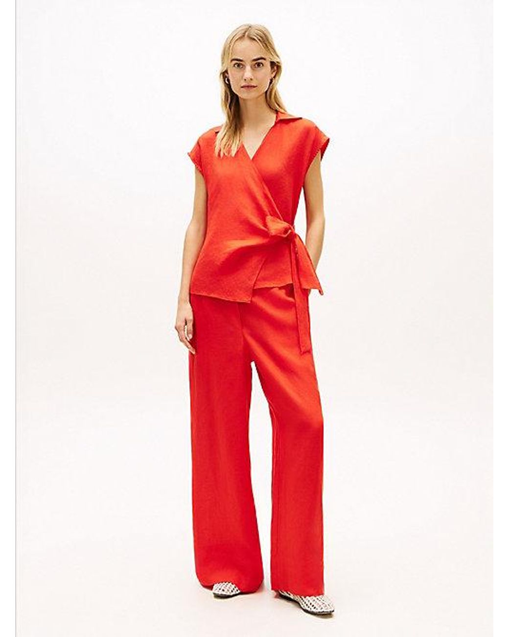 Tommy Hilfiger Red Pure Linen Wrap Knot Sleeveless Blouse