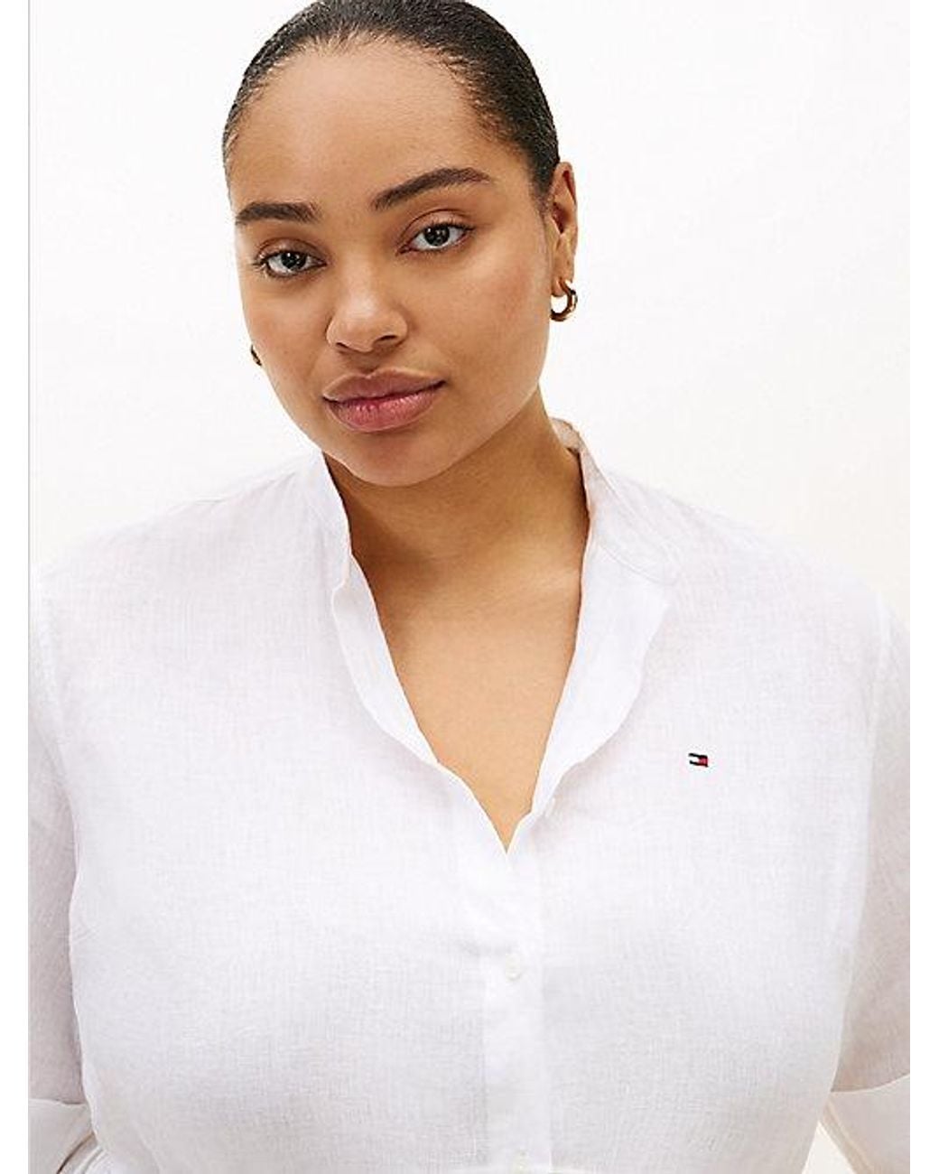 Tommy Hilfiger White Curve Print Pure Linen Midi Shirt Dress