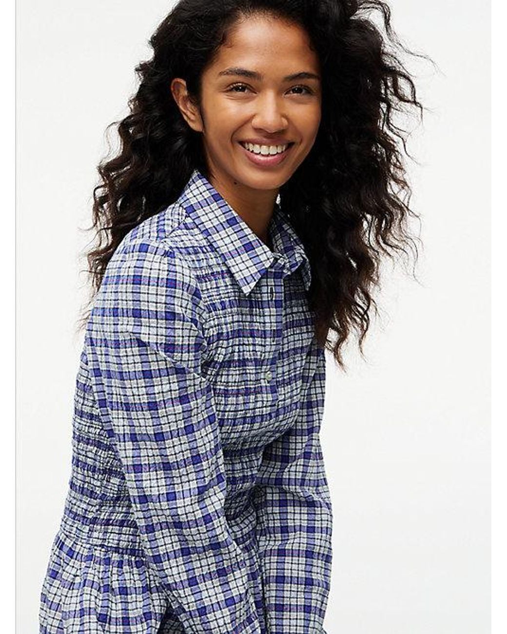 Tommy Hilfiger Blue Seersucker Smock Long Sleeve Mini Dress