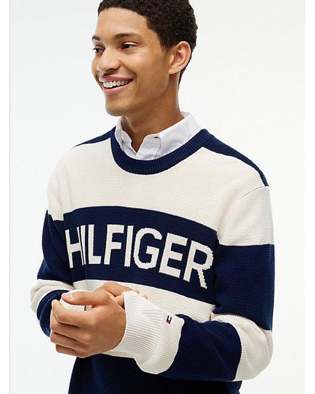 Tommy Hilfiger Blue Intarsia Logo Waffle Knit Relaxed Jumper for men