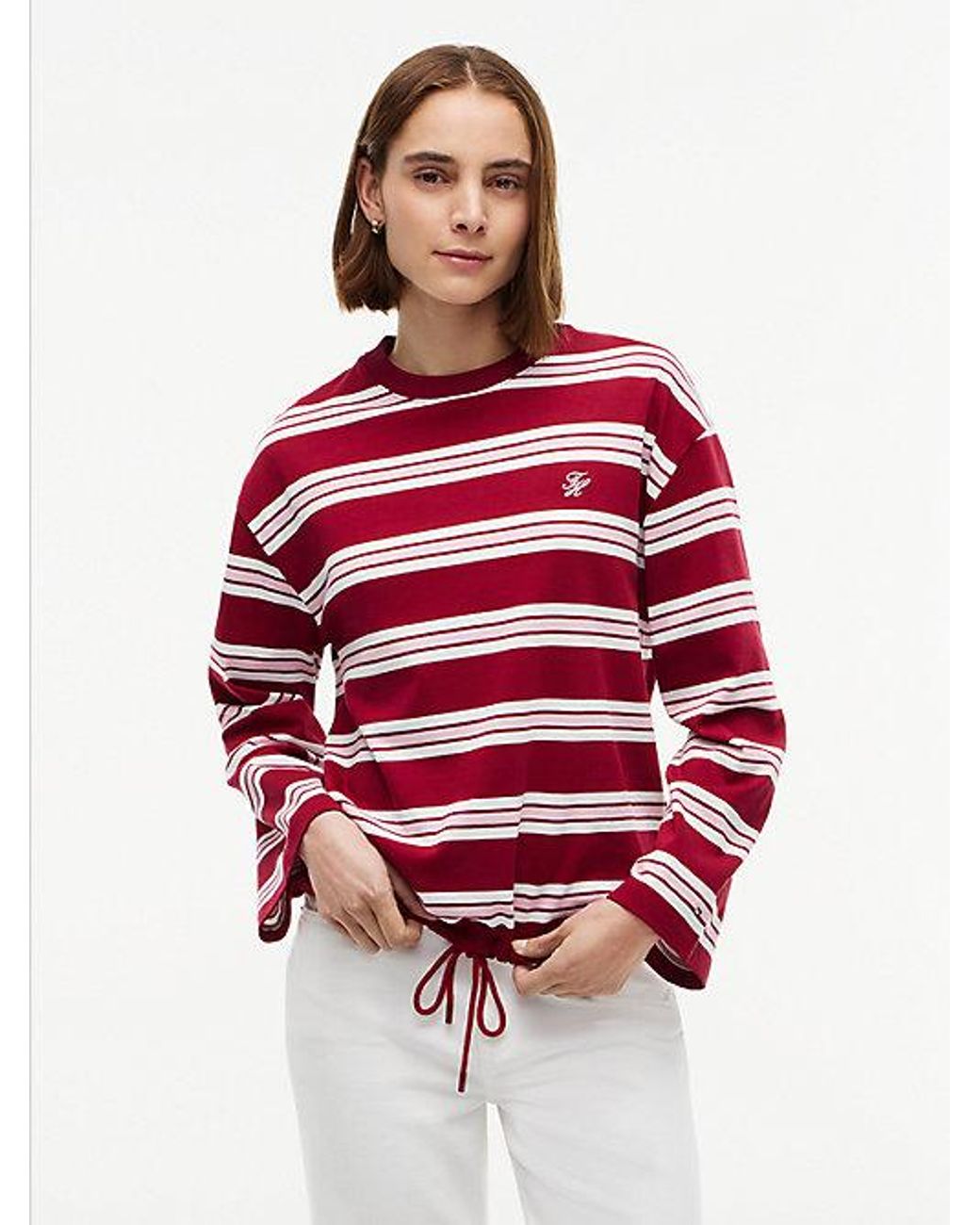 Tommy Hilfiger Red Rugby Stripe Drawstring Long Sleeve T-Shirt