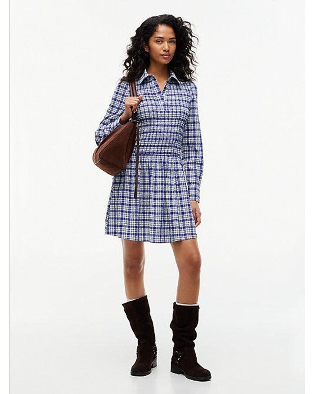 Tommy Hilfiger Blue Seersucker Smock Long Sleeve Mini Dress