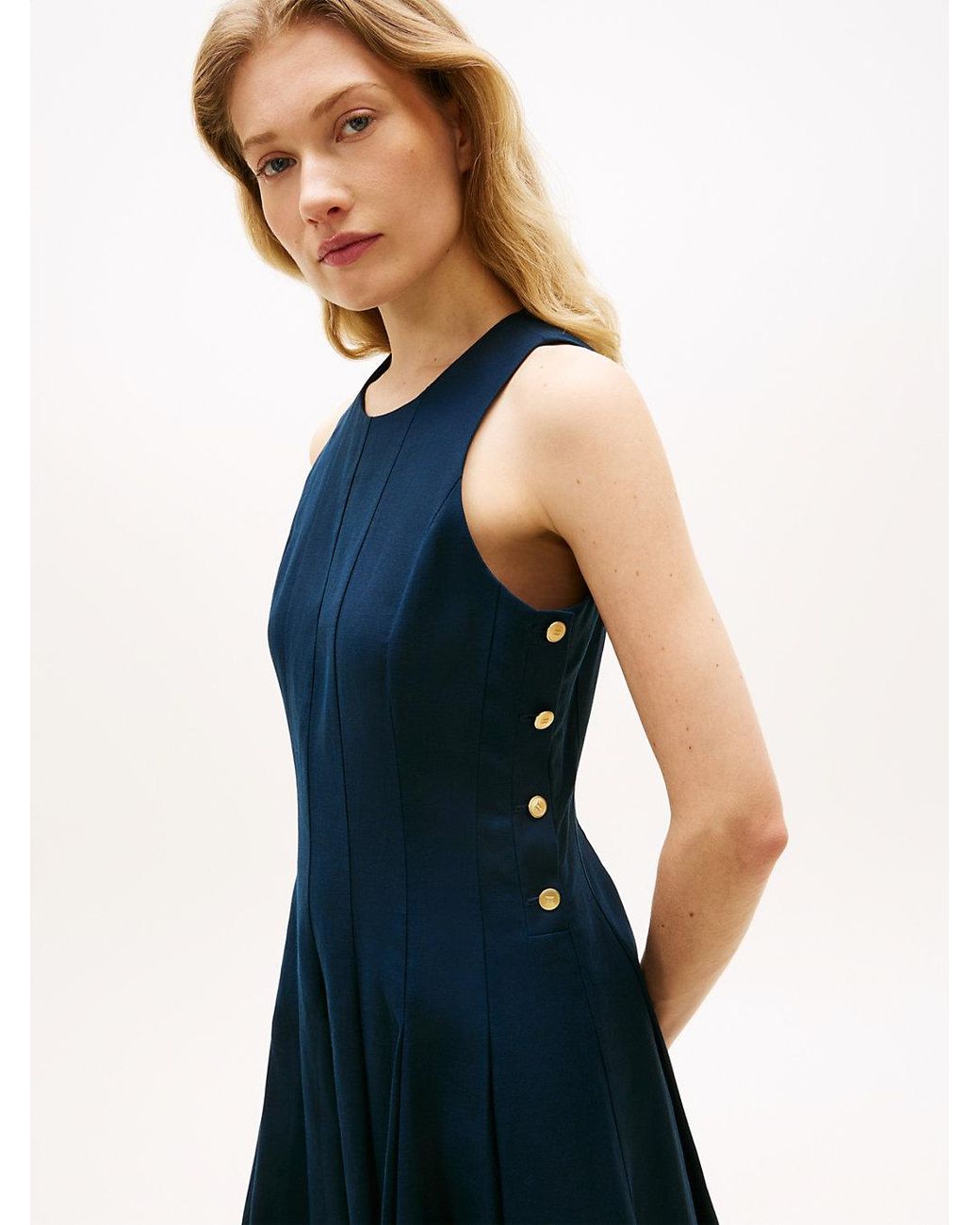 Robe Midi En Lin Mélangé À Boutons Dorés Tommy Hilfiger en coloris Blue