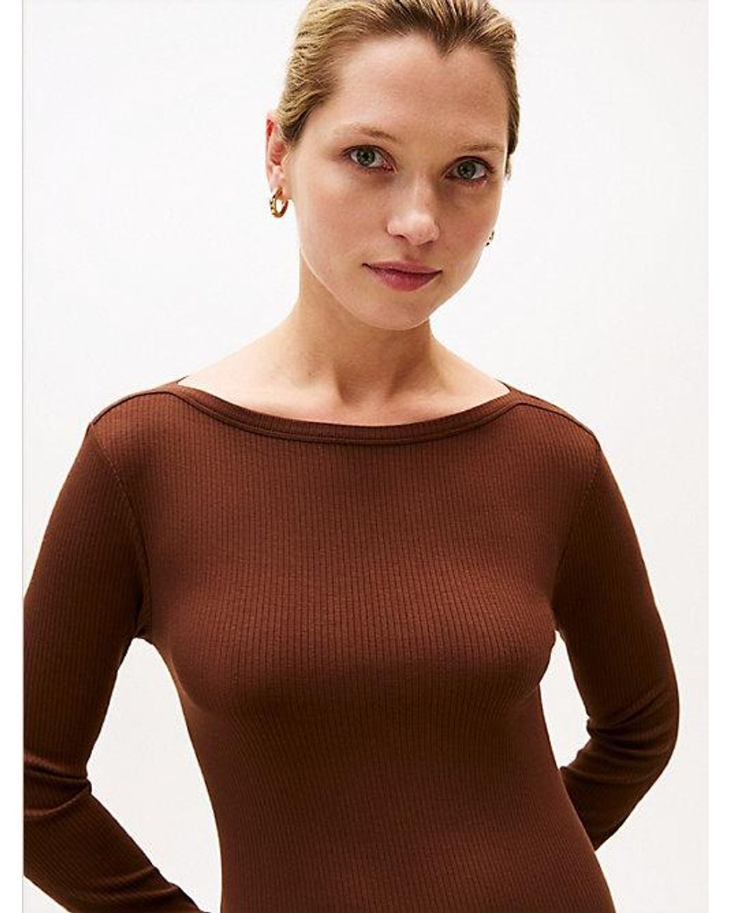Tommy Hilfiger Brown Ribbed Midi Fit And Flare Dress