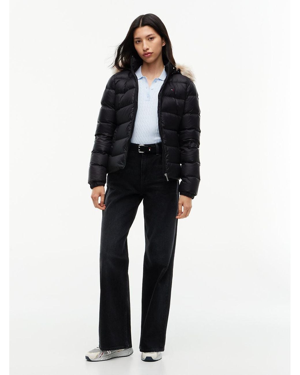 Tommy Hilfiger Black Faux Fur Hood Slim Down Jacket