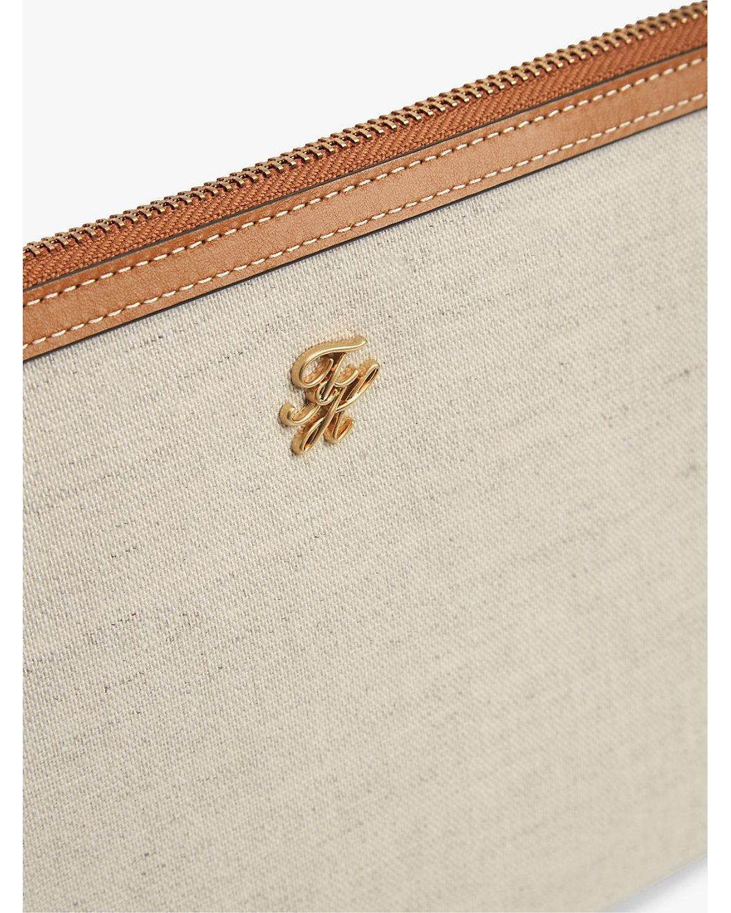Tommy Hilfiger Natural Logo Leather Trim Canvas Pouch