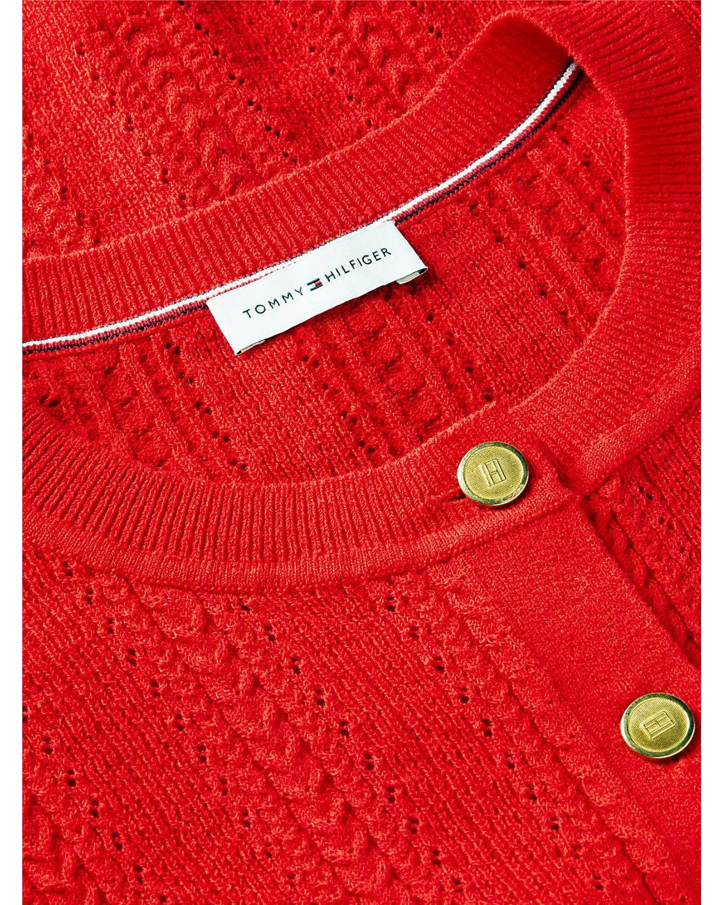 Tommy Hilfiger Red Pointelle-Tone Button Short Sleeve Cardigan