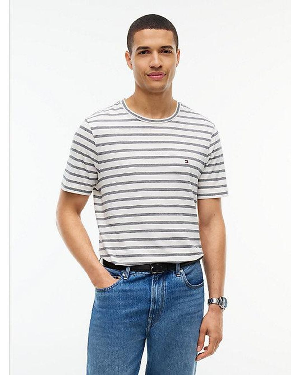 Tommy Hilfiger White Flag Embroidery Stripe Jersey T-Shirt for men