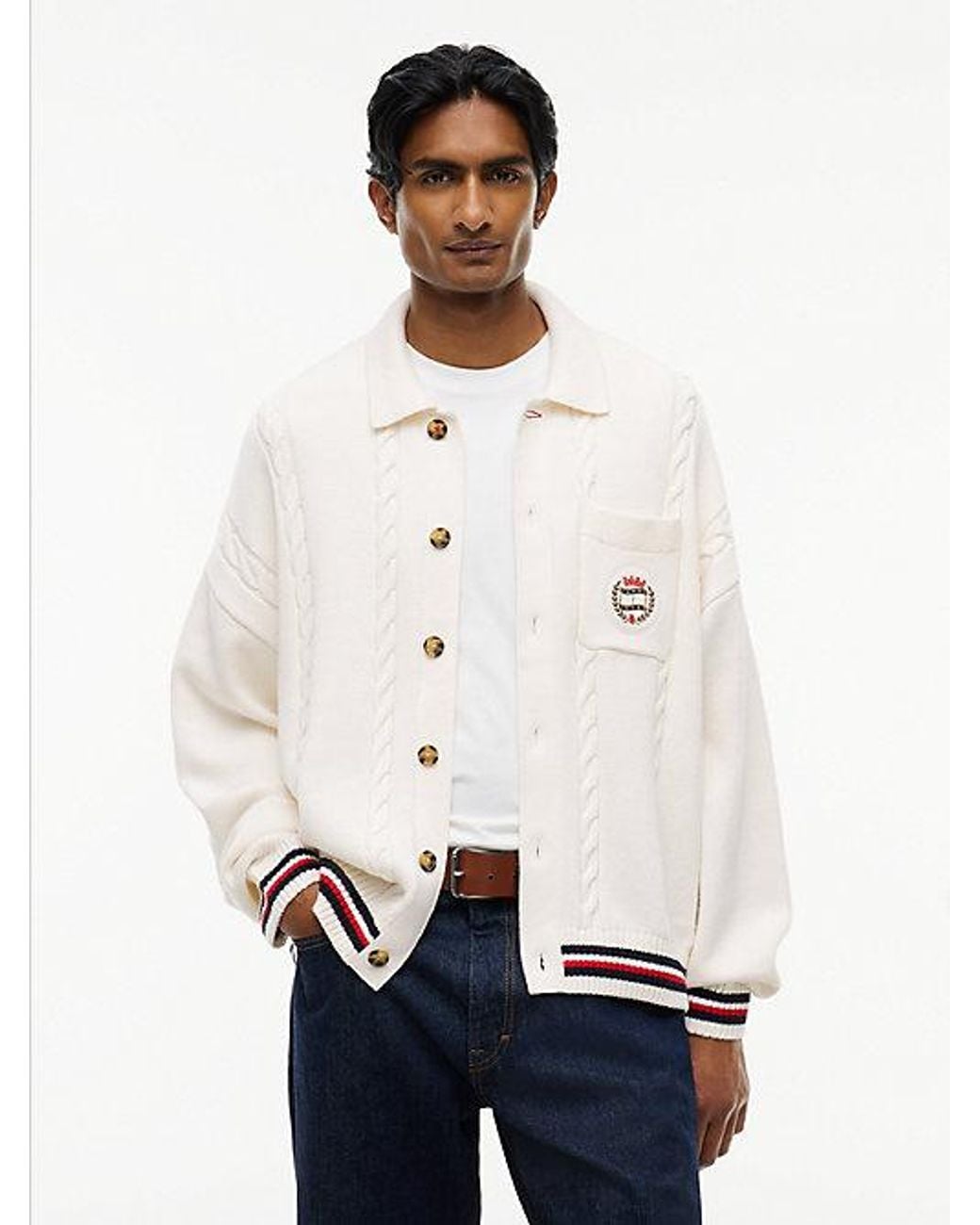 Tommy Hilfiger White Tommy Jeans Cable Knit Polo Collar Relaxed Cardigan for men