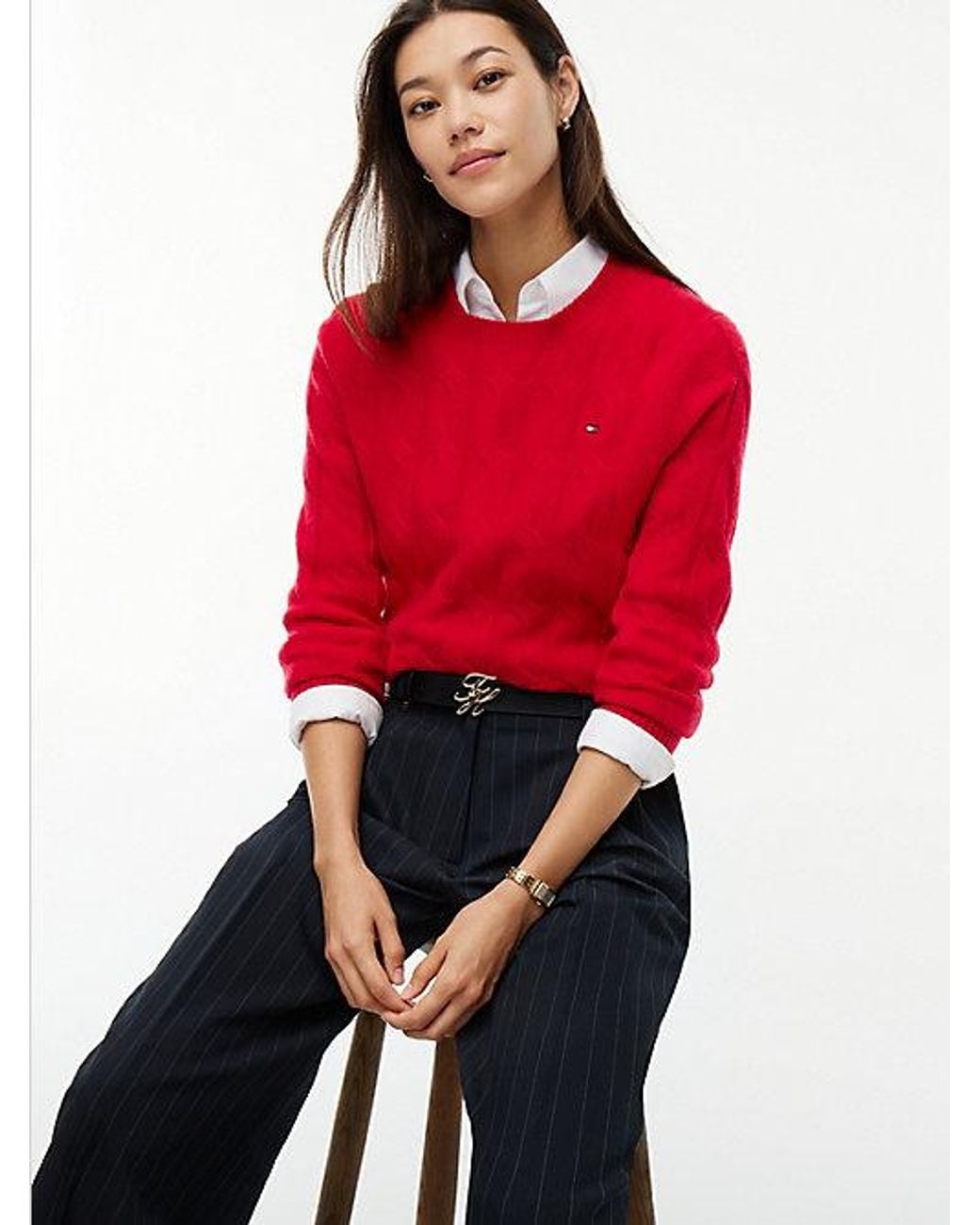 Tommy Hilfiger Red Pure Wool Chain Cable Knit Jumper