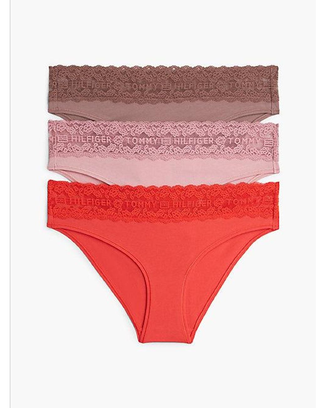 Tommy Hilfiger Red 3 Pack Logo Lace Trim Briefs