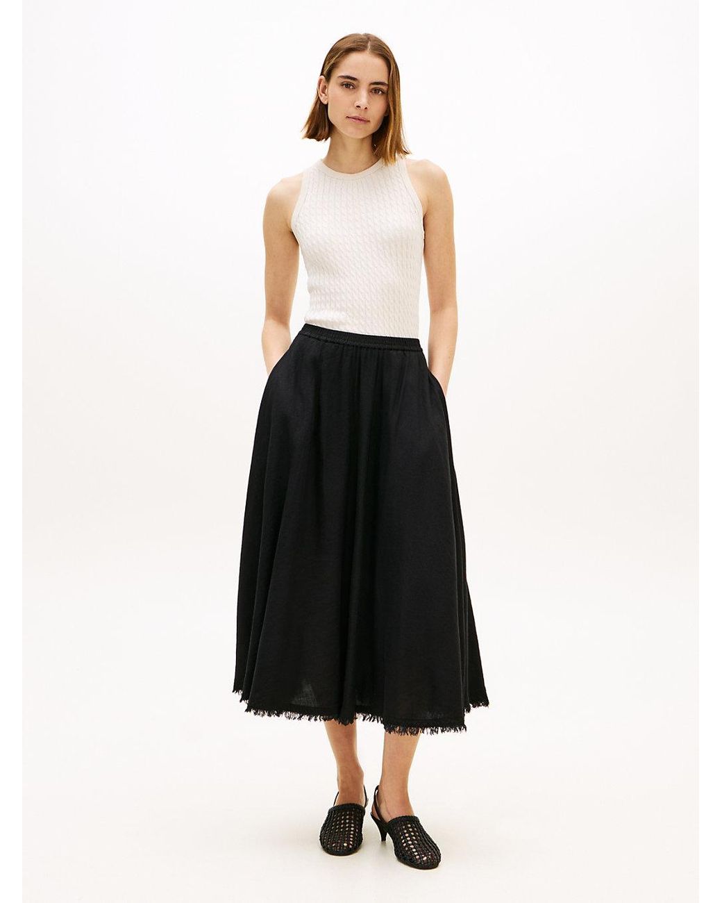 Tommy Hilfiger White Pleated Linen Blend Midi A-Line Skirt