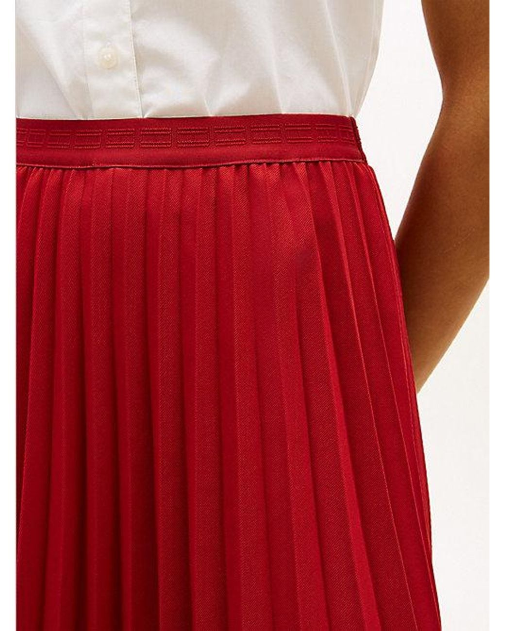 Tommy Hilfiger Red Tonal Flag Waistband Pleated Midi Skirt