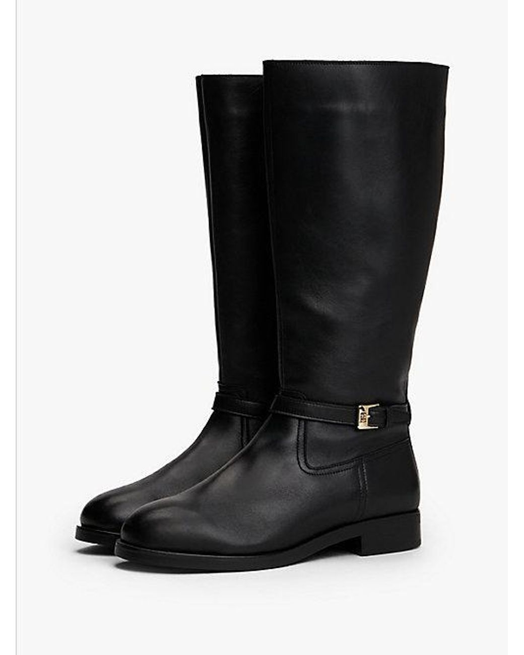 Tommy Hilfiger Black Leather Th Monogram Buckle Riding Boots