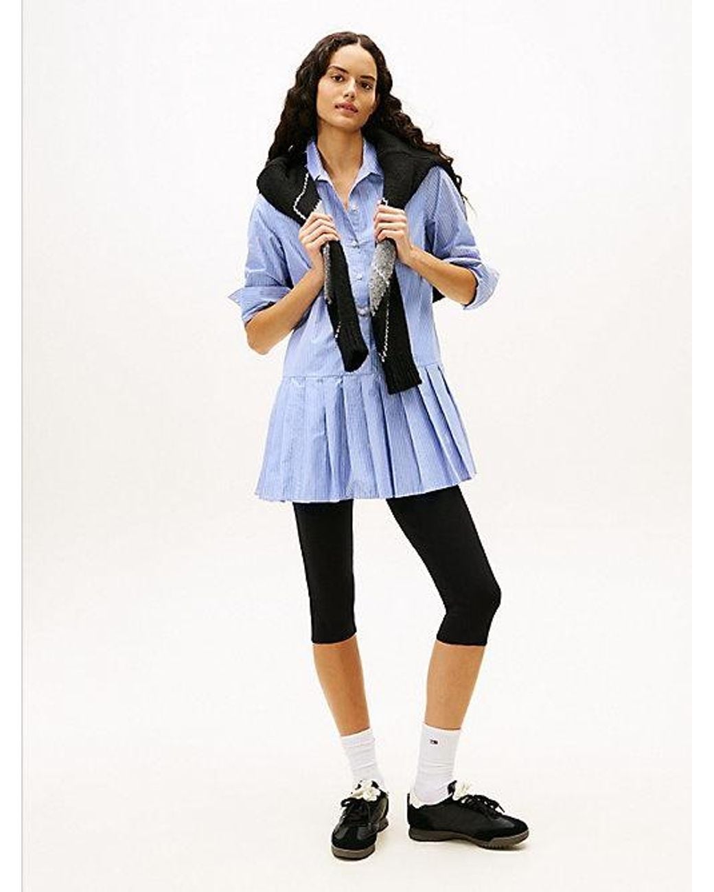 Tommy Hilfiger Blue Metallic Pleated Relaxed Mini Shirt Dress
