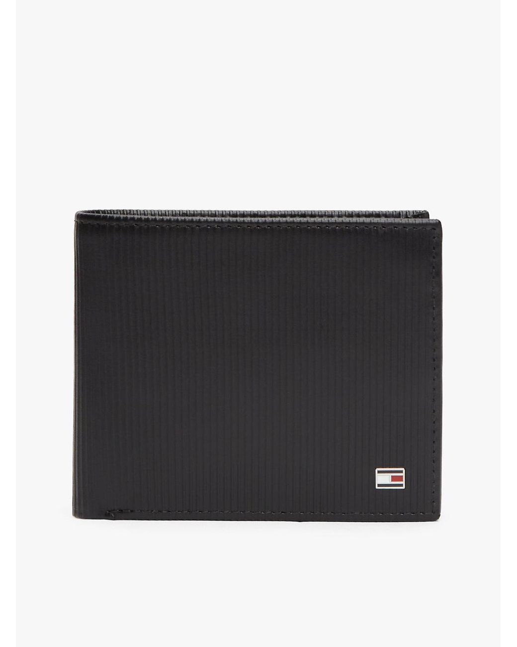 Tommy Hilfiger Black Hilfiger Flag Ribbed Leather Flap Wallet for men