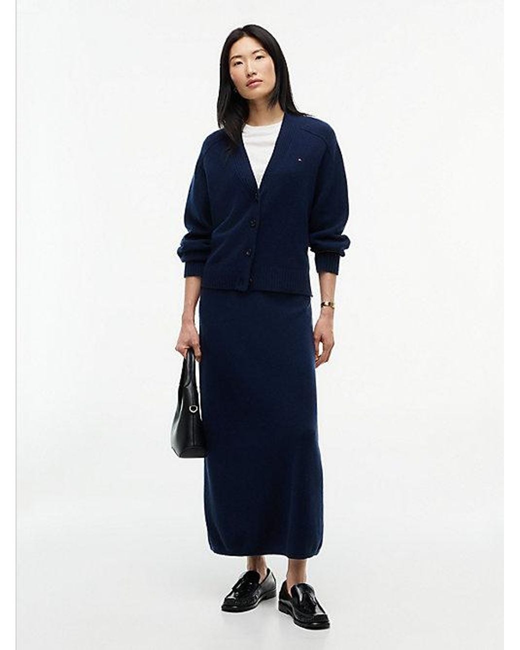 Tommy Hilfiger Blue Pure Wool Jersey Straight Midi Skirt