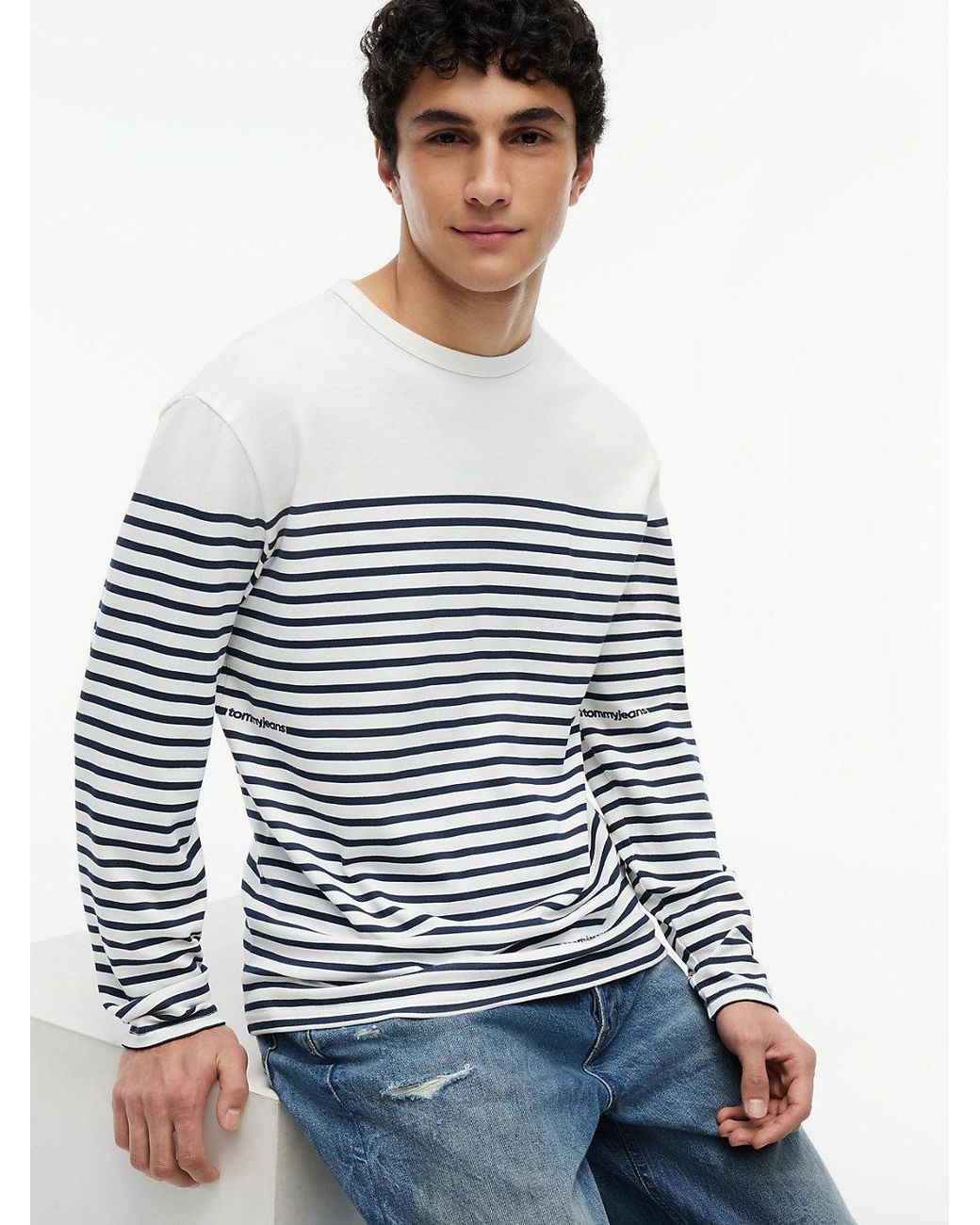 Tommy Hilfiger White Logo Stripe Jersey Long Sleeve T-shirt for men