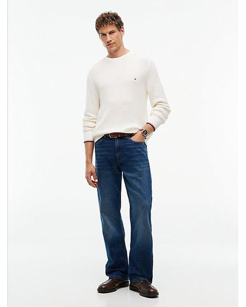 Tommy Hilfiger White Tipped Cuff Crew Neck Jumper for men