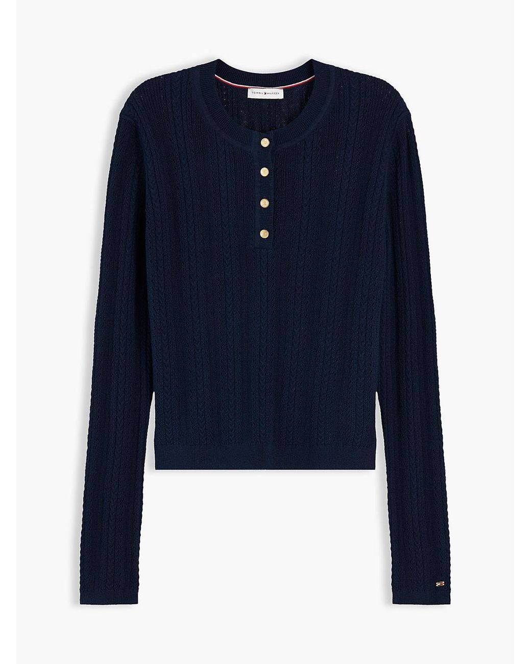 Tommy Hilfiger Blue Pointelle-Tone Button Henley Neck Jumper