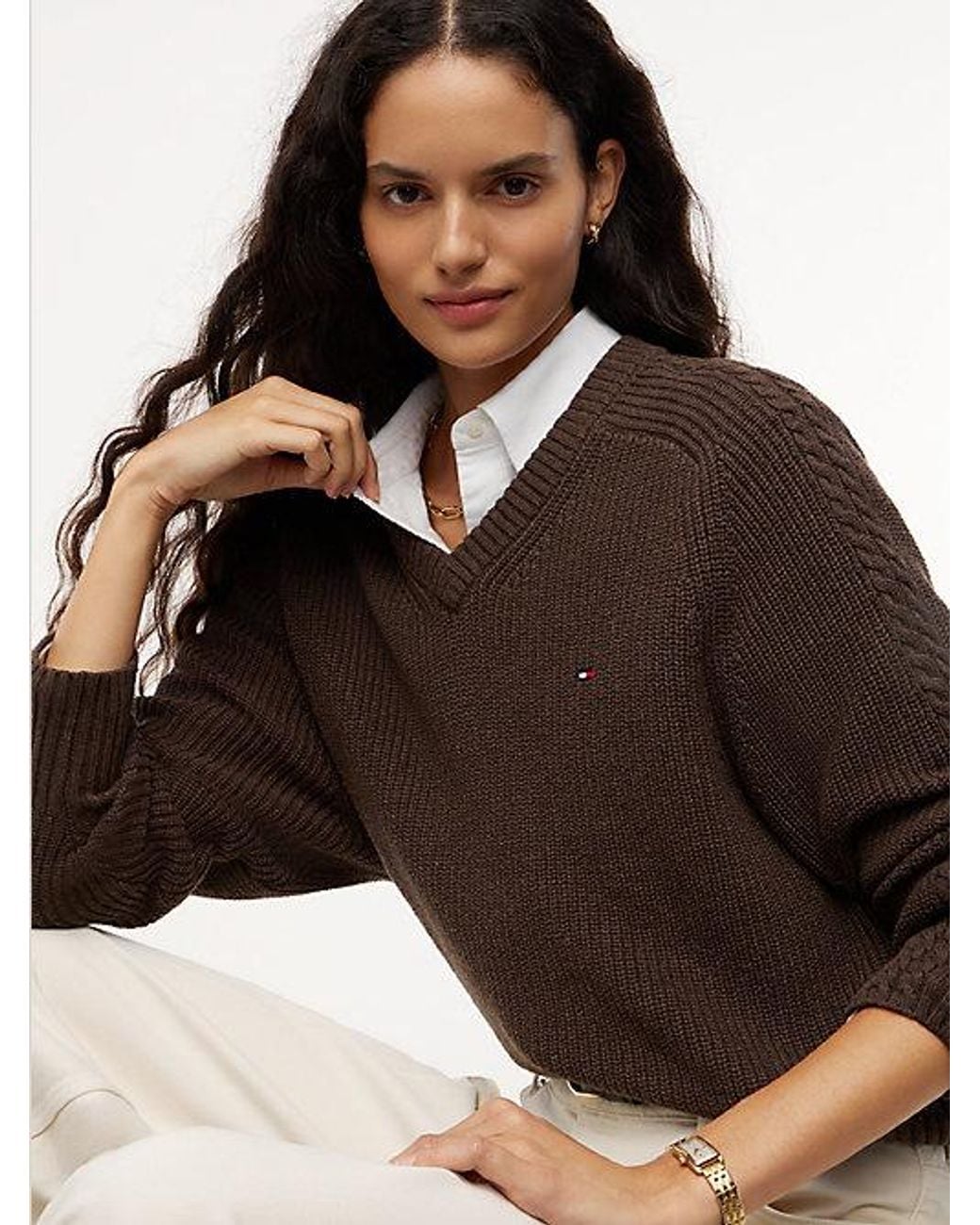 Tommy Hilfiger Brown Cardigan Stitch Relaxed V Neck Jumper
