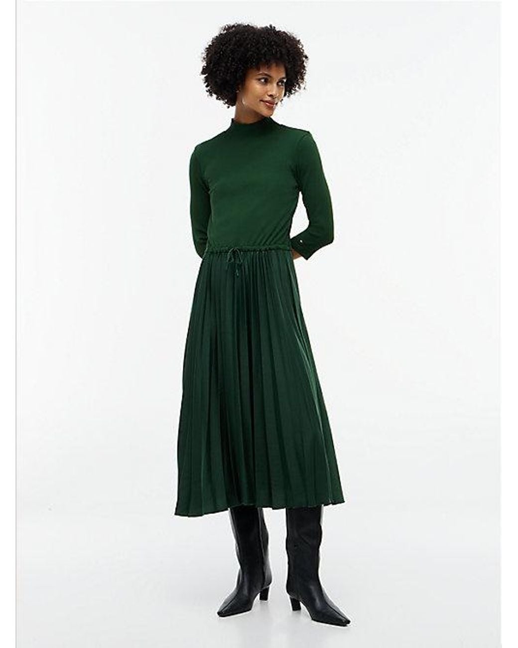 Tommy Hilfiger Green Ribbed Pleated Slim Midi Dress