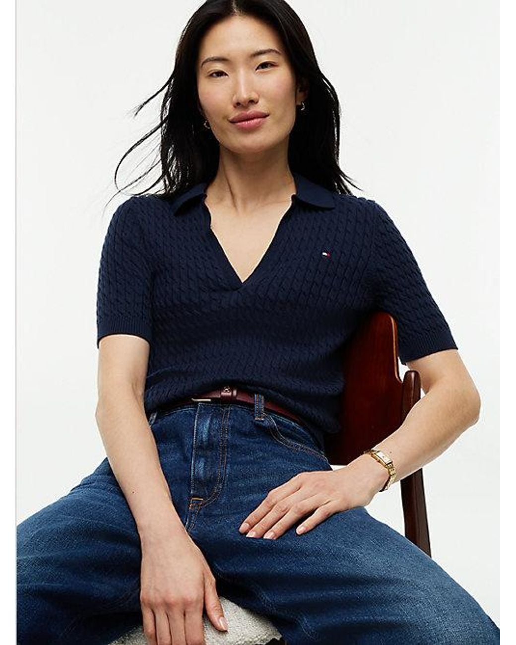 Tommy Hilfiger Blue Cable Knit Short Sleeve Polo Jumper