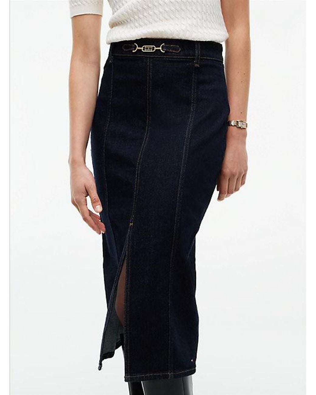Tommy Hilfiger Black Horsebit Slim Denim Midi Skirt