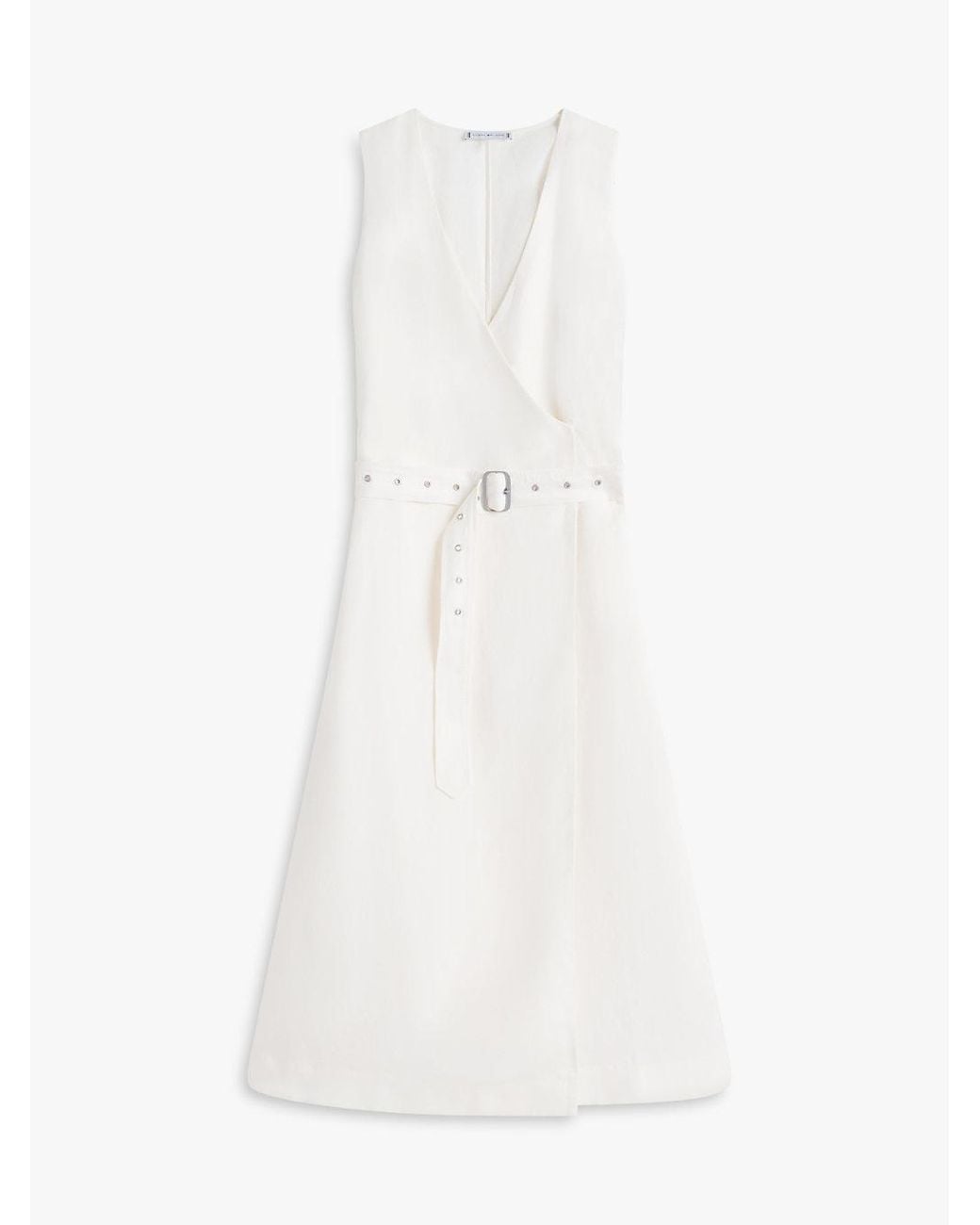 Tommy Hilfiger White Belted Linen Blend Sleeveless Wrap Midi Dress