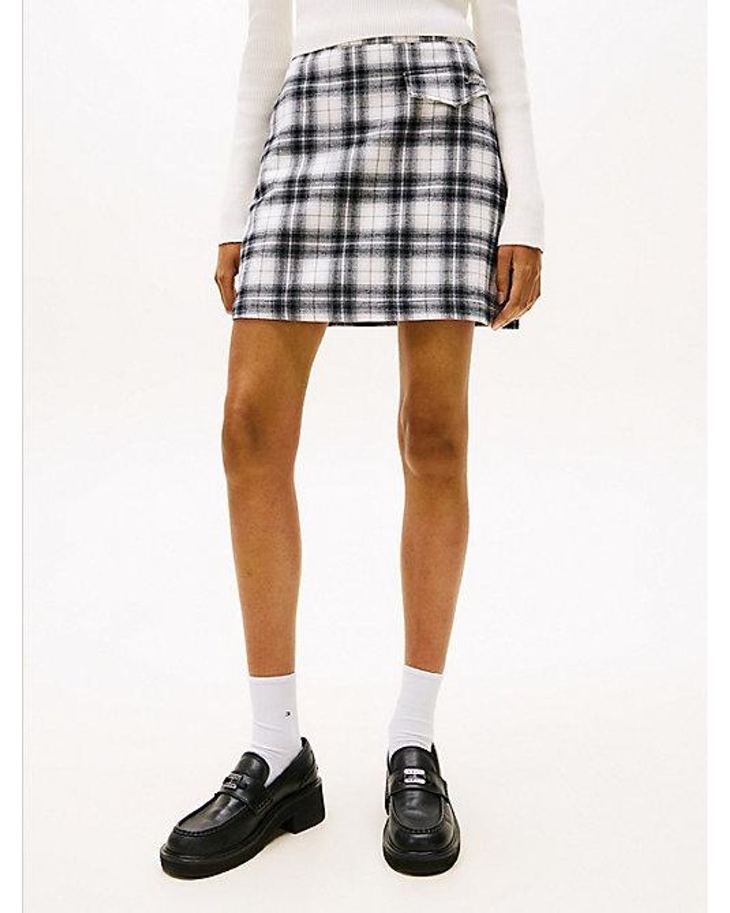 Tommy Hilfiger White High Rise A-Line Flannel Mini Skirt