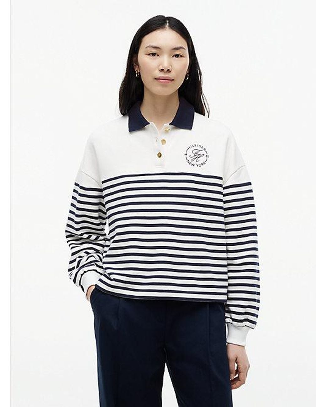Tommy Hilfiger White Tone Button Relaxed Polo Sweatshirt