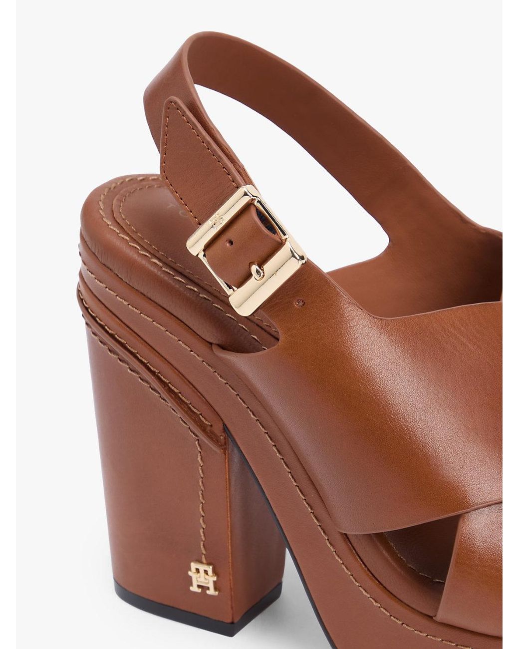 Tommy Hilfiger Brown Leather Crossover Strap Block Heel Sandals