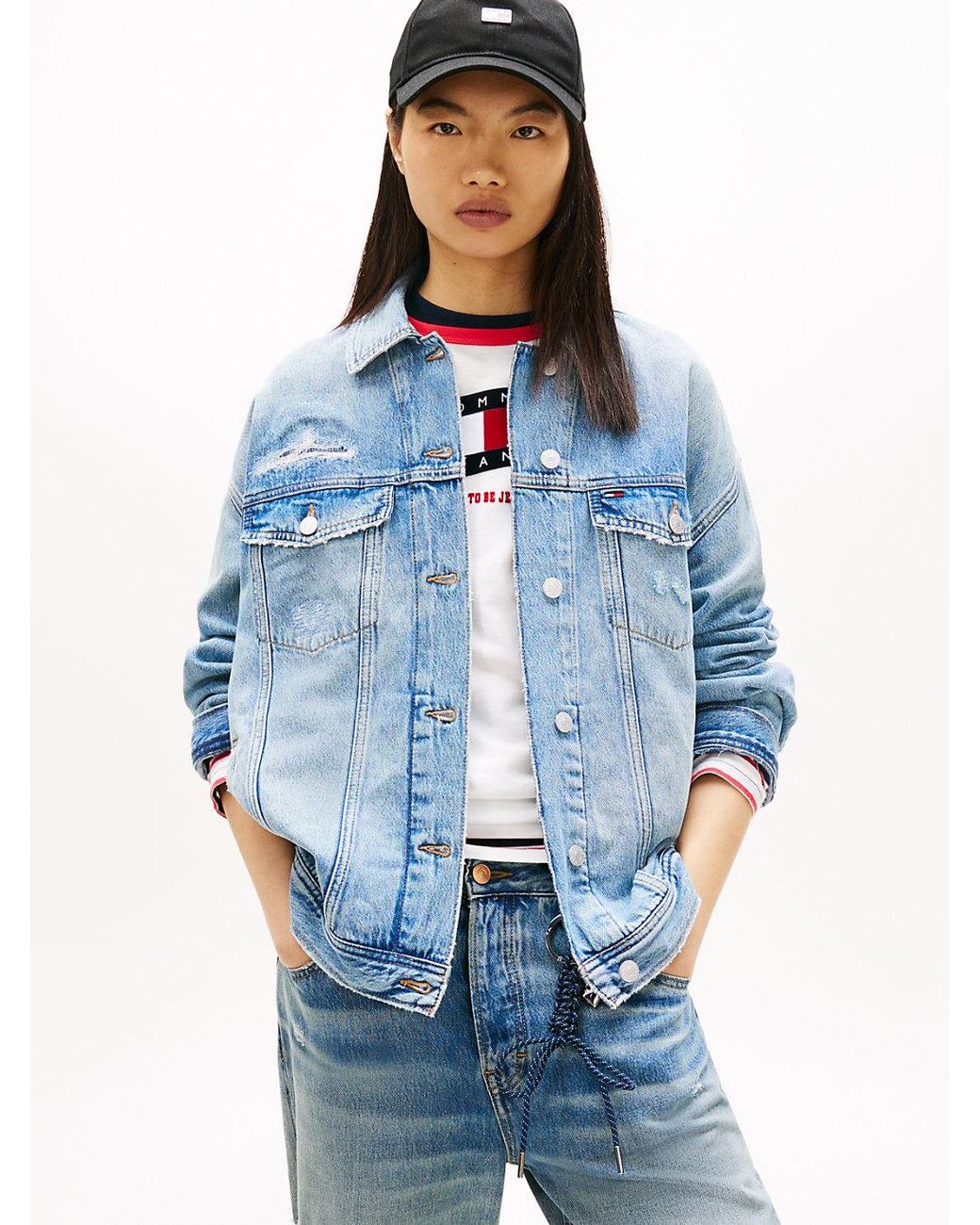 Tommy Hilfiger Blue Distressed Oversized Denim Trucker Jacket