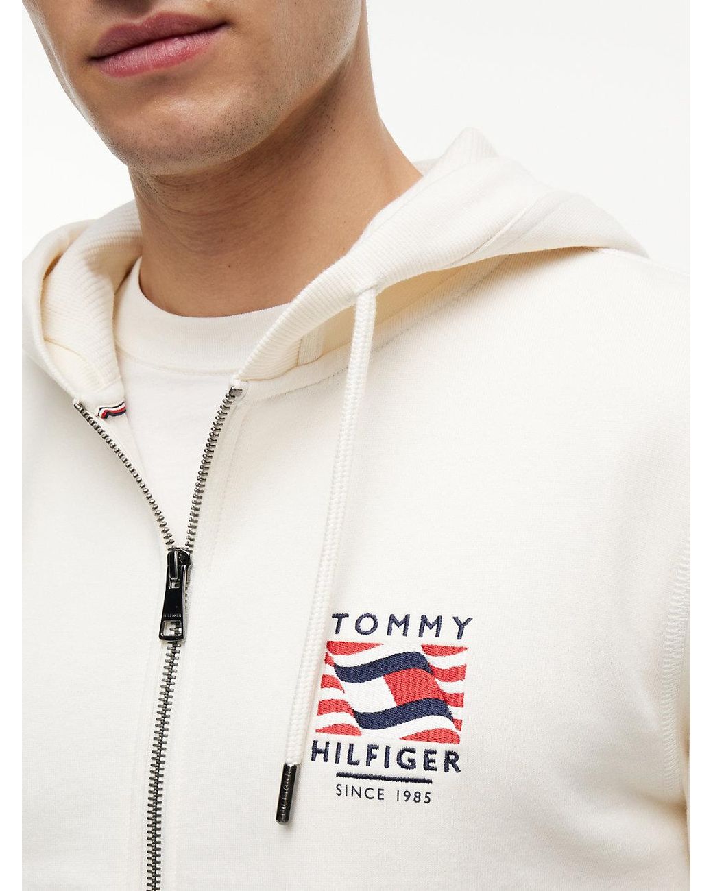 Tommy Hilfiger White Flag Embroidery French Terry Zip-Thru Hoody for men