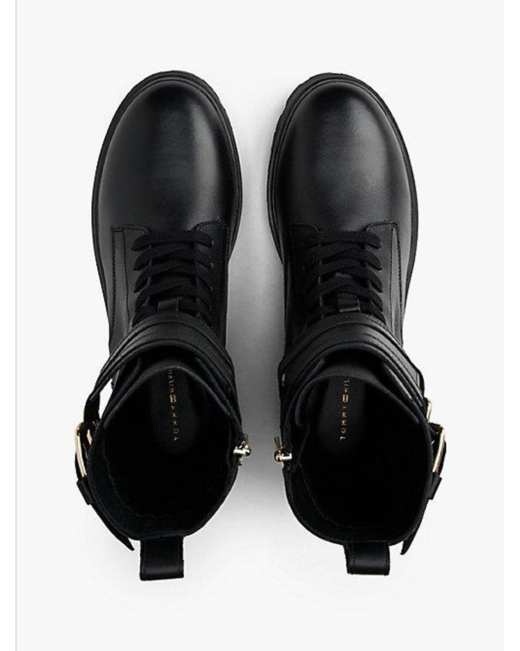 Tommy Hilfiger Black Leather Logo Cleat Biker Boots