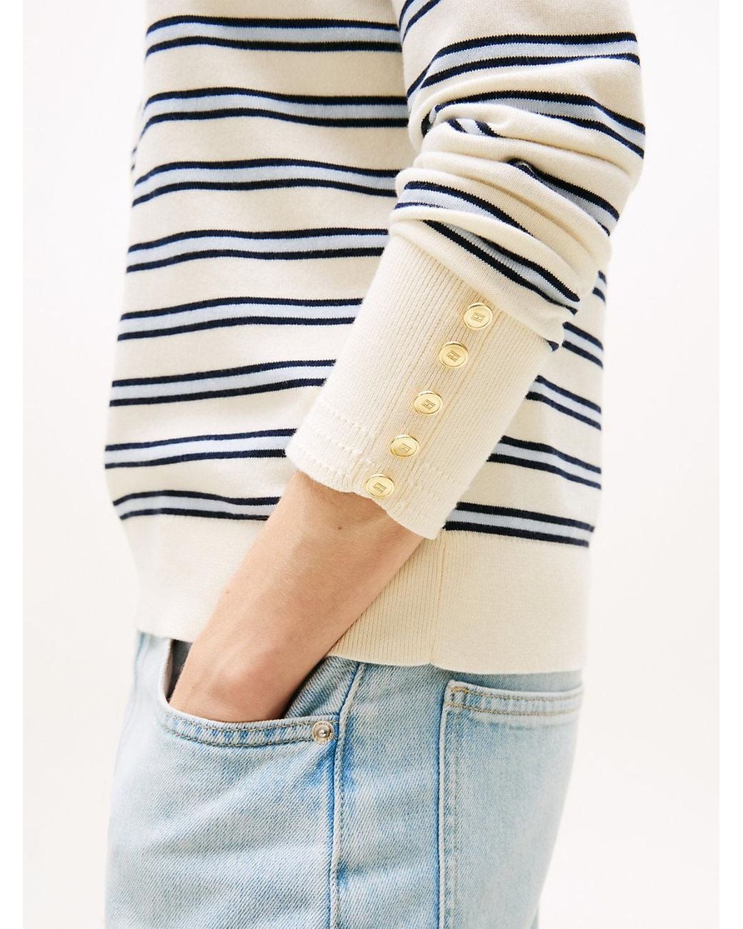 Tommy Hilfiger Natural Gold-tone Button Cuff V-neck Jumper