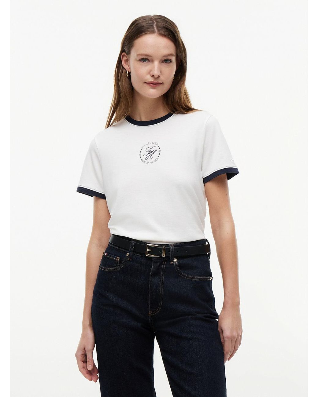 Tommy Hilfiger White Logo Embroidery Ringer T-Shirt
