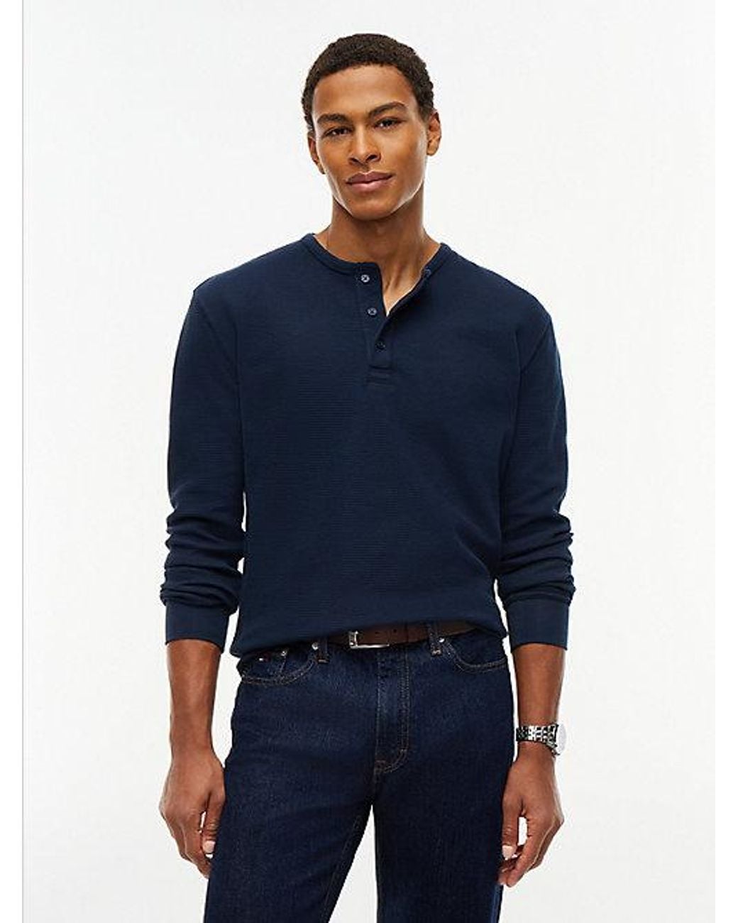 Tommy Hilfiger Blue Tommy Jeans Washed Waffle Knit Henley Long Sleeve T-Shirt for men