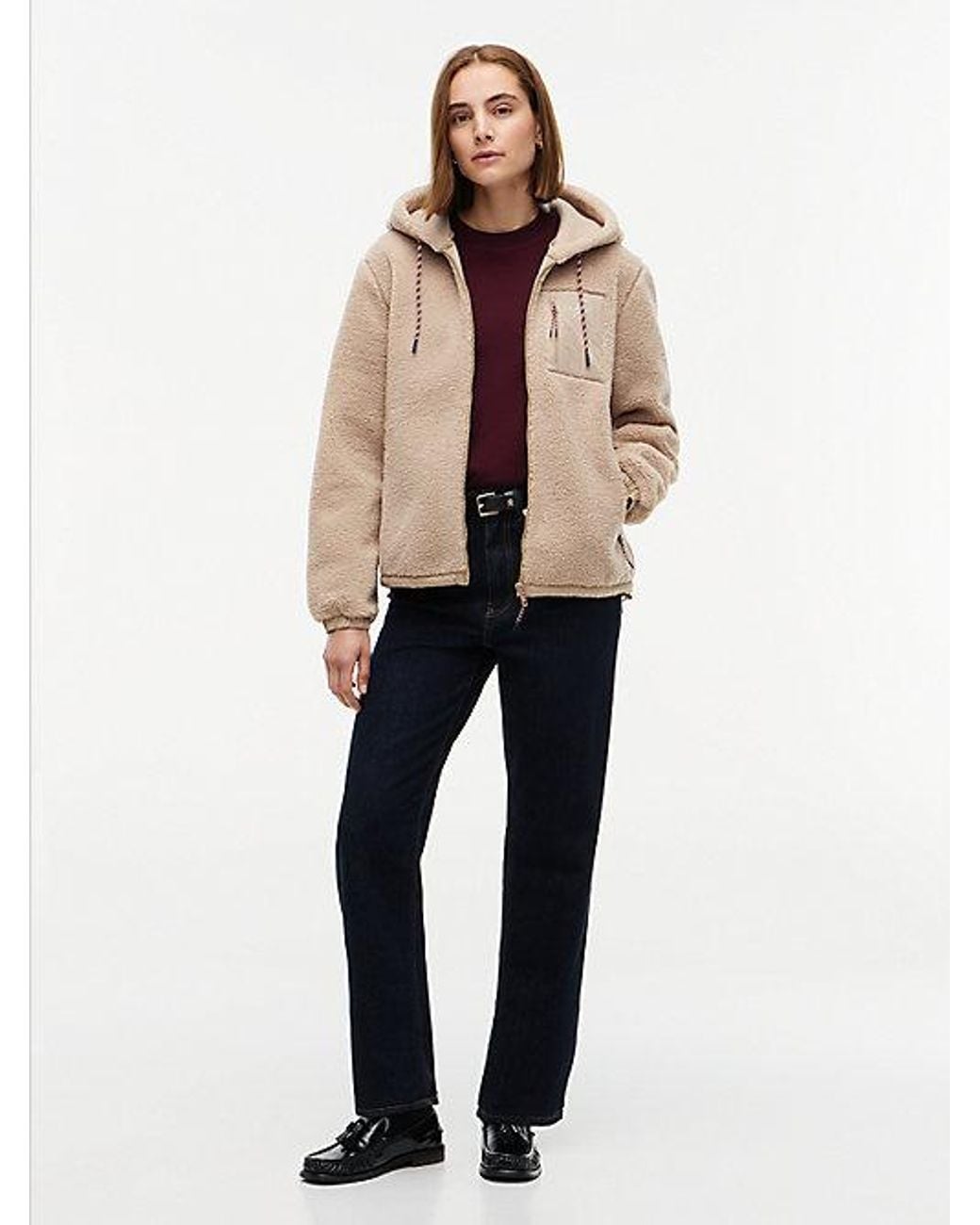 Tommy Hilfiger Natural Teddy Fleece Zip Thru Relaxed Hooded Jacket