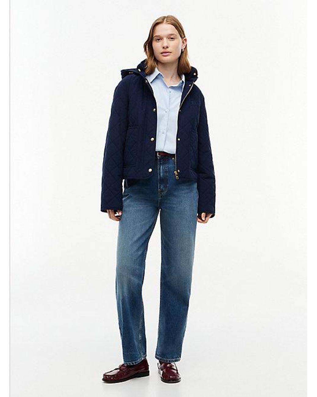 Tommy Hilfiger Blue Crest Embroidery Square Quilted Hooded Jacket
