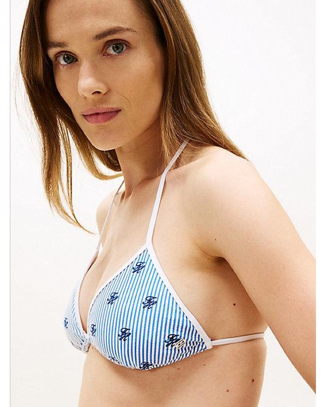 Tommy Hilfiger Blue Seersucker Logo Embroidery Triangle Bikini Top