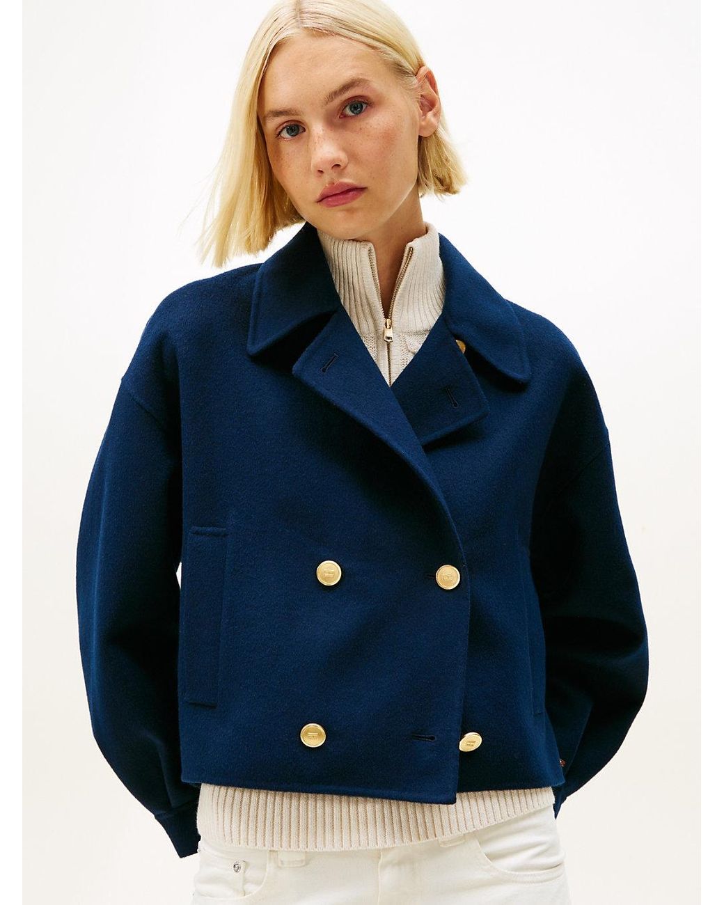 Tommy Hilfiger Blue Wool Blend Double Breasted Peacoat