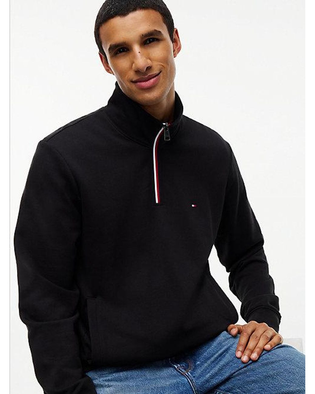 Tommy Hilfiger Blue Global Stripe Terry Quarter Zip Sweatshirt for men