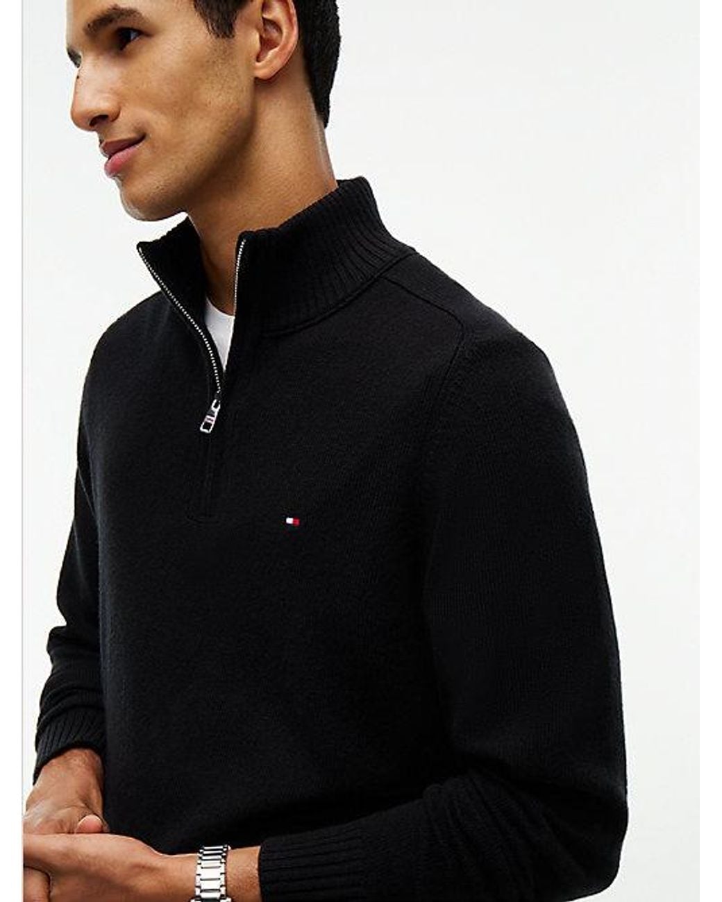 Tommy Hilfiger Black Pure Lambswool Quarter Zip Jumper for men