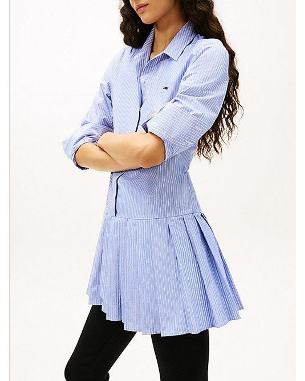 Tommy Hilfiger Blue Metallic Pleated Relaxed Mini Shirt Dress