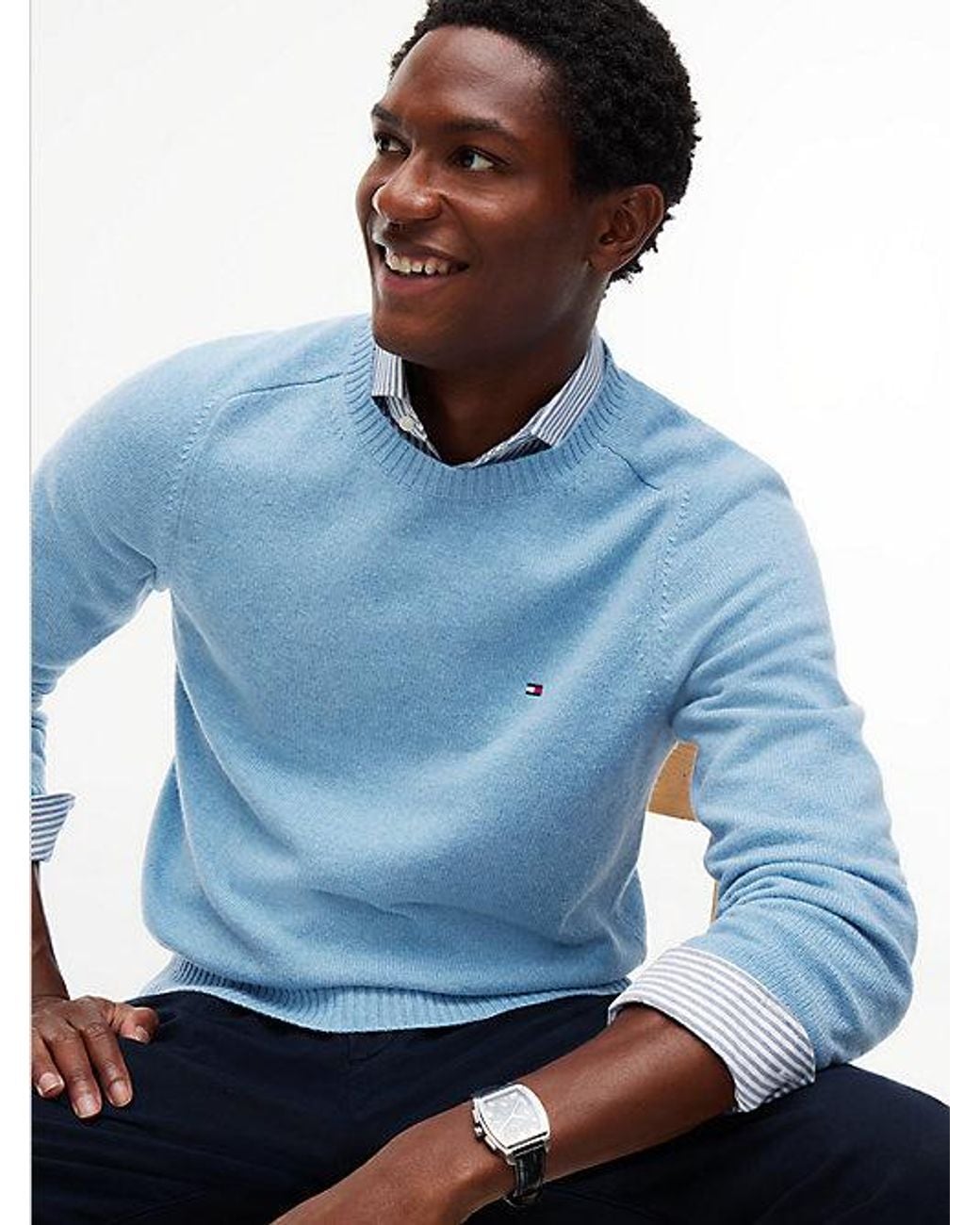 Tommy Hilfiger Blue Pure Lambswool Crew Neck Jumper for men