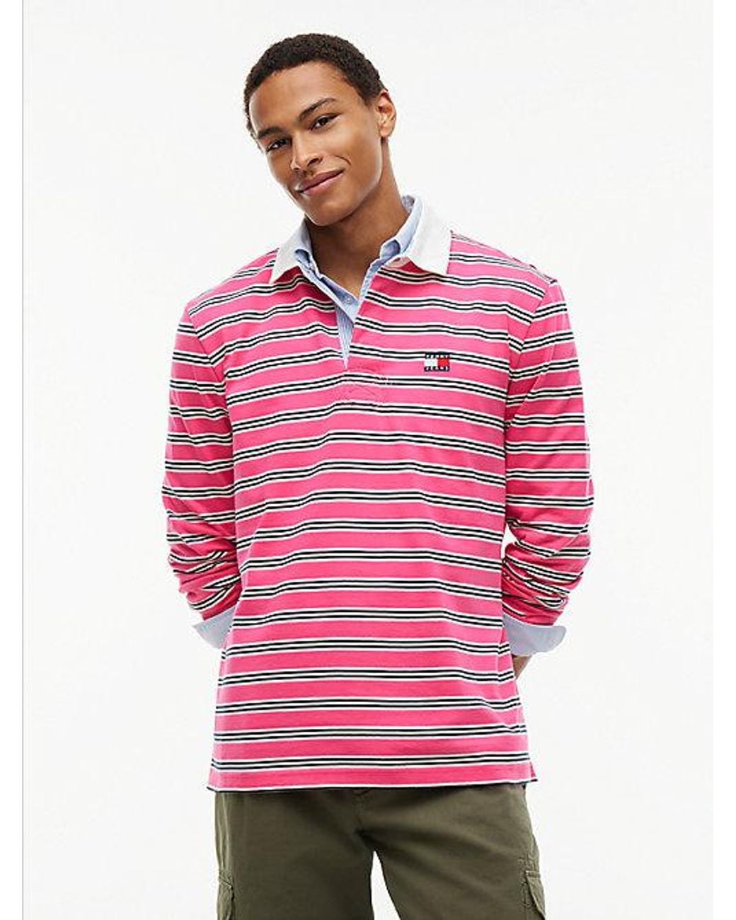 Tommy Hilfiger Pink Tommy Badge Stripe Relaxed Rugby Shirt for men