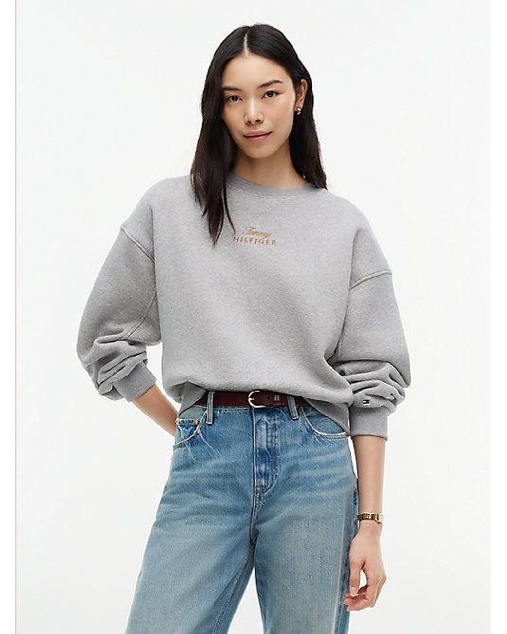Tommy Hilfiger Gray Logo Embroidery Relaxed Fleece Jumper